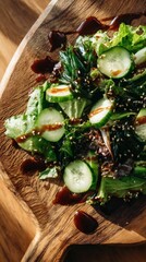 Greens mix with wakame, cucumber, and teriyaki sauce.