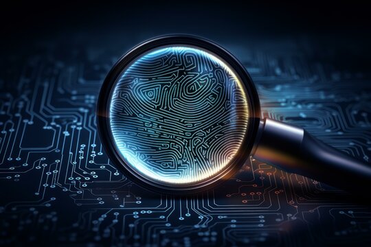 Fingerprint under magnifying glass on circuit board, representing cybersecurity and data protection in digital age