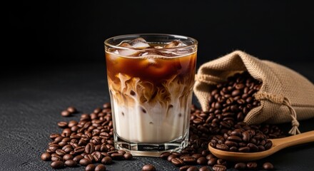 Iced coffee with swirling milk and coffee beans in a burlap sack