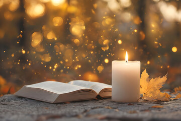 Open Book and Lit Candle with Autumn Leaves at Sunset and warm bokeh