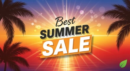 Best summer sale announcement with tropical sunset and palm trees