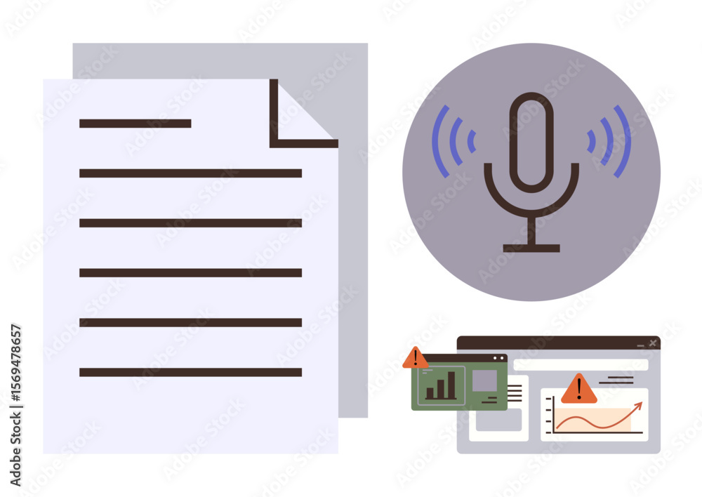 Poster text document, microphone with sound waves, browser windows with graphs and alert symbols. ideal for