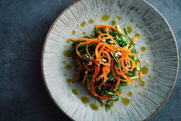 Nori salad with thin carrot strips and nut dressing.