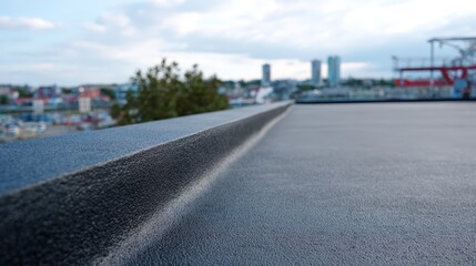 Epdm rubber roof with matte black texture overlooking urban skyline.