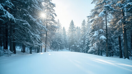 Obraz premium Winter landscape with snow covered evergreen trees and a bright sunburst in a snowy forest scene with a clear blue sky