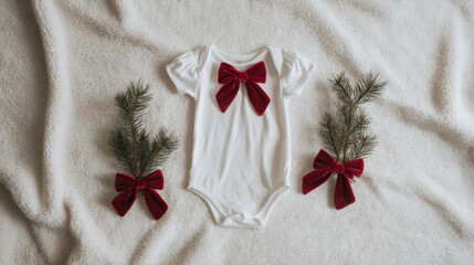 Christmas baby cotton short sleeve onesie mockup. Jumpsuit  Modern minimalist banner design with Xmas mood in white and burgundi red colors