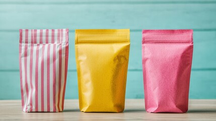Vibrant Compostable Packaging for Snacks in Striped and Solid Colors on Wooden Table