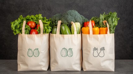 Fresh Produce in Compostable Bags with Vibrant Vegetables on a Dark Background