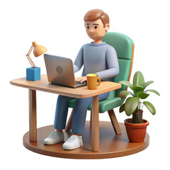 3d cartoon man working on laptop at desk isolated on transparent background
