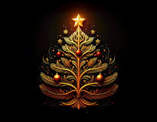 Golden Christmas tree illustration on dark background with many decorative branches, decorations, stars.