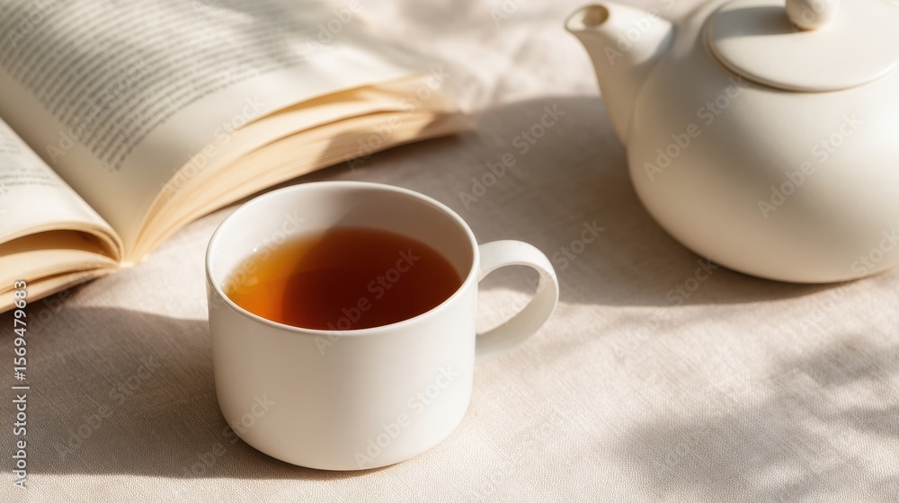 Poster serene tea setting with a cup, teapot, and open book on a soft fabric background