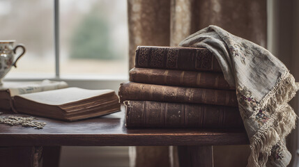 Stack of antique books on a wooden table, a timeless collection of knowledge and stories.