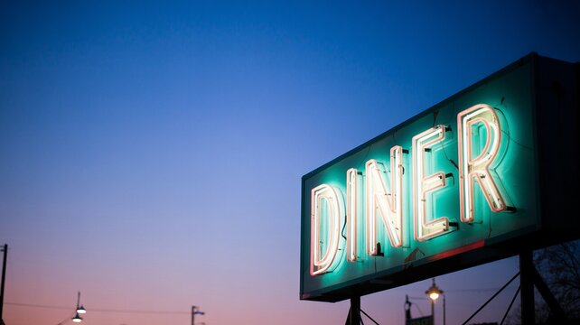 old gas signs, Retro Diner Sign at Twilight Under a Vast Blue Sky