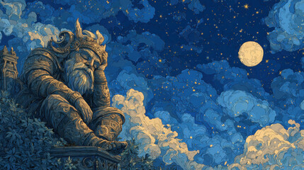 Stone Statue Contemplating Under a Starlit Night Sky