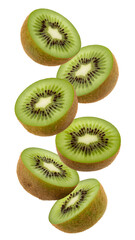 Fototapeta premium Flying kiwi and half slices isolated on transparent white background