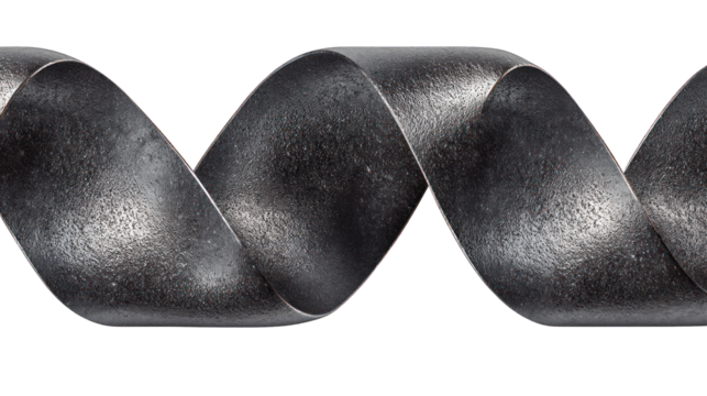 Twisted metal strip, undulating dark grey sheen, black back