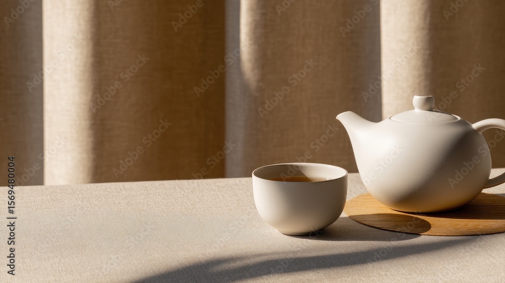 Poster serene tea setting with a white teapot and cup on a textured table against soft fabric backdrop