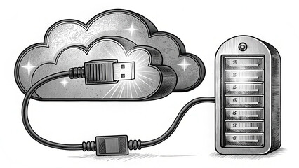 Cloud connect network cable memory concept with server and USB plug in vintage engraving style