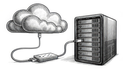 Cloud connect network cable and memory storage device linked digital data transfer concept with server and cloud illustration