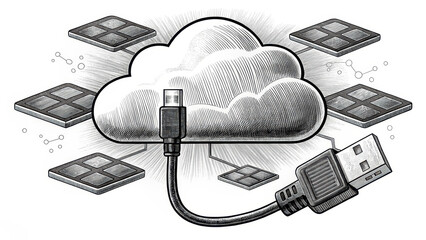 Cloud connect network cable concept with memory chips symbolizing data storage and transfer in digital technology