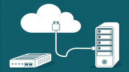 Cloud connect network cable memory concept with server and storage device illustration