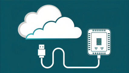 Cloud connect network cable memory concept with USB wire linking to digital device on blue background
