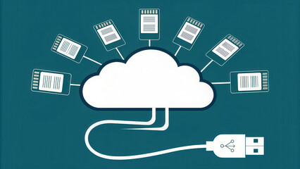 Cloud connect network cable memory concept with USB and memory card icons symbolizing data storage and transfer