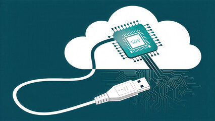 Cloud connect network cable and memory chip symbolize data transfer and digital connection in technology