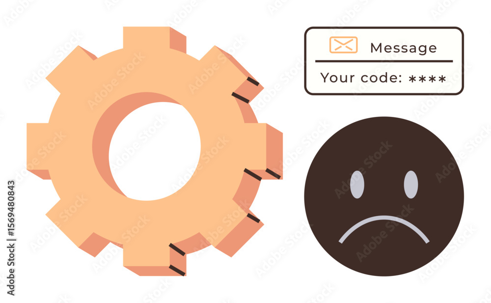 Poster broken gear, sad face, and error message with a security code symbolize system error, technical fail