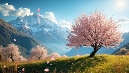 Cherry blossom trees with pink flowers on a green hillside with mountains and blue sky and floating petals