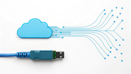 Cloud connect network cable concept with blue USB cable and cloud icon connected to digital memory data flow