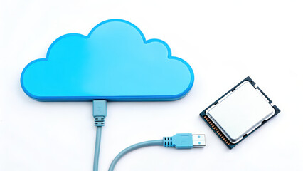 Cloud shaped external hard drive with USB cable connect to computer memory chip symbolizing network storage