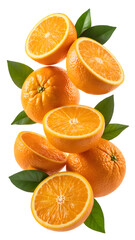 Flying orange fruits with half slice and green leaves isolated on transparent white background