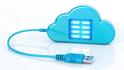 Cloud connect network cable memory concept with blue USB plug and cloud shape storage device glowing