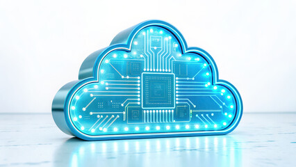 Cloud network connect cable memory concept with glowing blue circuit board shaped like cloud on white surface