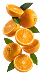 Flying orange fruits with half slice and green leaves isolated on transparent white background