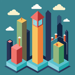 Colorful isometric cityscape illustration depicting urban development with buildings and clouds against a teal sky