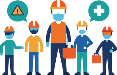 Diverse construction workers wearing protective gear and safety symbols hard hats masks