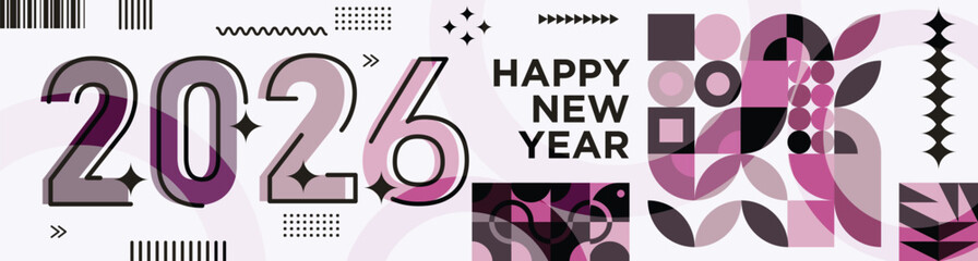 Happy New Year 2026 Banner with Modern Typography and Abstract Geometric Patterns Colorful Vector Illustration for New Year Celebration Design