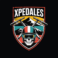 Skull wearing a helmet and goggles with crossed handlebars and mountains in a vintage emblem
