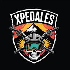 Skull wearing a helmet and goggles with mountain and handlebars emblem