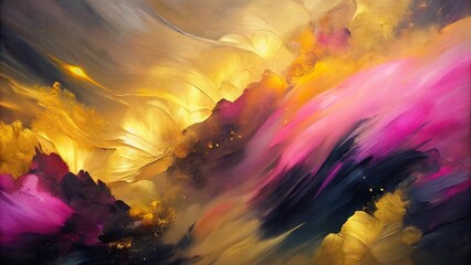 Abstract oil painting, gold yellow, pink, black brush strokes background, wallpaper, paint texture, bold art, expressive artwork, fine realistic detail, modern style, evoking vibrant emotions, feeling