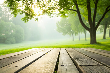 Wooden Deck in Green Forest at Sunrise