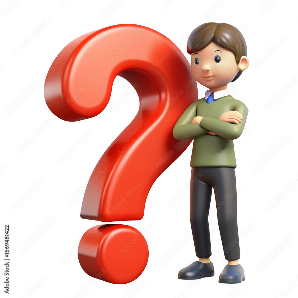 Poster 3d character leaning on a question mark isolated on transparent background
