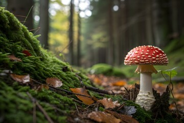 Red and White Mushroom Growing on Mossy Forest Floor with Autumn Leaves – Wild Amanita Mascara in Natural Woodland
