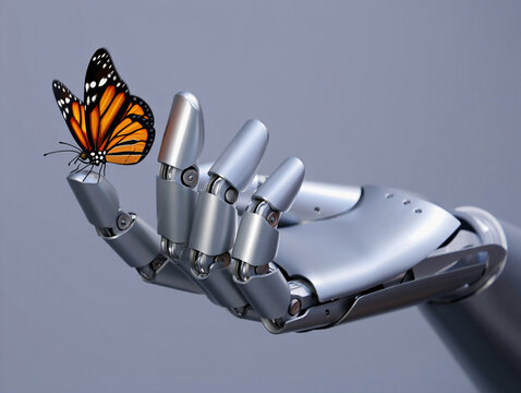 Robotic hand gently holding a monarch butterfly delicate contrast technology nature