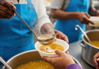 Volunteer Hands Serving Hot Meal, a person gives food at a soup kitchen, a concept of charity and social support