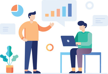 Man presenting business charts to colleague using laptop meeting presentation