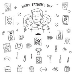 Happy Father's Day vector illustration featuring a father joyfully hugging his two children. Surrounded by themed elements like cards, trophies, and gifts, this image celebrates family love.