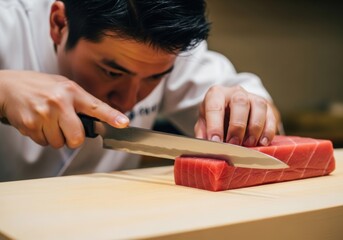 Sushi Chef Slicing Fresh Tuna, a professional cook uses a sharp knife to prepare fish for Japanese cuisine